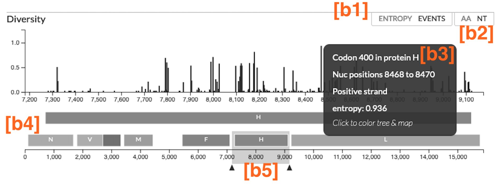 Annotated screenshot of Auspice's diversity (entropy) panel